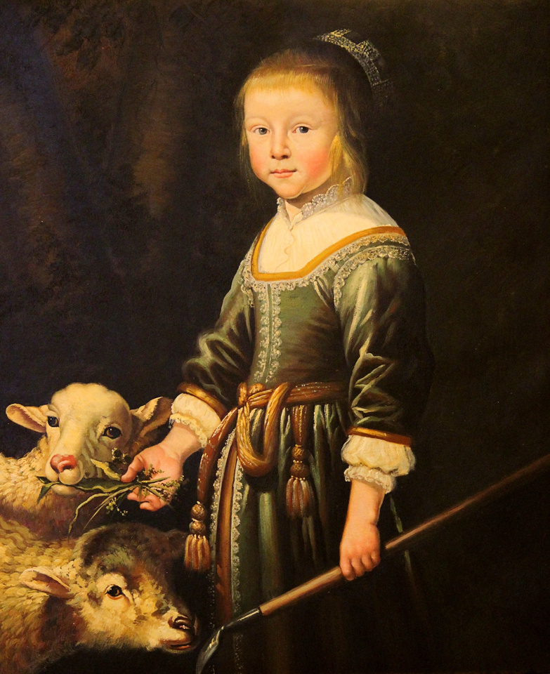 Oil Painting of Child Feeding Sheep